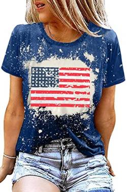 Amerikanische Flagge Shirt Damen Patriotisches Shirt Vintage USA Flagge gebleichtes T-Shirt Kurzarm 4. Juli Tee Tops, Bleach Blue, X-Groß von YI XIANG RAN