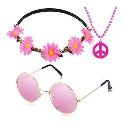 YIAGXIVG Outfits für Mädchen und Frauen, Hippie-Kostüm-Set enthält Friedenszeichen-Halskette, Stirnband, Ohrringe und Hippie-Sonnenbrille, Friedenszeichen-Halskette von YIAGXIVG