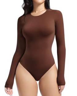 YIANNA Body Damen Langarm Bodysuit Hoher Elastizität Top Rundhals Elegant Tanga Cocoa XS 5275 von YIANNA