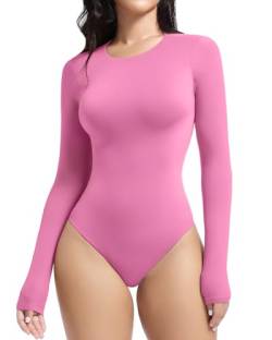 YIANNA Body Damen Langarm Bodysuit Hoher Elastizität Top Rundhals Elegant Tanga Pink XL 5275 von YIANNA