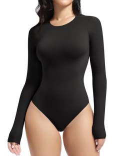 YIANNA Body Damen Langarm Bodysuit Hoher Elastizität Top Rundhals Elegant Tanga Schwarz S 5275 von YIANNA