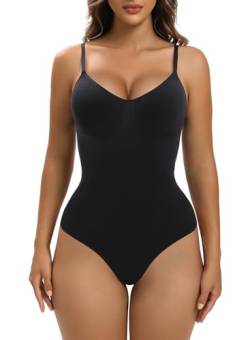 YIANNA Body Shaper Damen Bauchweg Shapewear Tanga Bodysuit Miederbody Stark Formend Shaping Top Schwarz mit Verstellbare Träger 5213 S/M von YIANNA