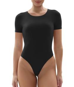 YIANNA Body mit Rundhalsausschnitt für Damen, fühlt sich wie eine zweite Haut an, Tanga, T-Shirt, Body Suits Tops, Schwarzes kurzärmliges Schwarz, L von YIANNA