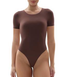 YIANNA Body mit Rundhalsausschnitt für Frauen, Gefühl der zweiten Haut, Tanga, T-Shirt, Body Anzüge Tops, Cocoa Kurzarm, XS von YIANNA