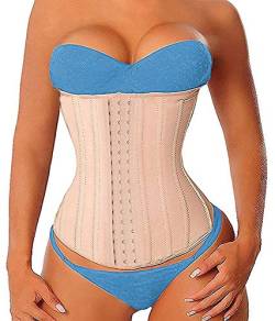 YIANNA Damen Latex Langer Torso Taille Trainer 17 Stiehlt Ohne Knochen 3 Haken Reihen M Beige (17 Steel Boned) von YIANNA