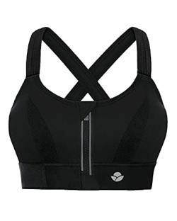 YIANNA Damen Sport BH Starker Halt Große Brüste Vorderverschluss Reißverschluss Bustier Yoga BH Ohne Bügel Gepolstert Sports Bra Top Schwarz, 151 Size L von YIANNA