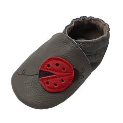 YIHAKIDS Babyschuhe für Mädchen, Jungen, weiches Leder, Baby, Kinder, Hausschuhe aus weichem Leder, Schuhe für Mädchen, Jungen, erste Schritte, 0 – 6 Monate – 2 Jahre, Dunkelgrau Marienkäfer, 21/22 EU von YIHAKIDS