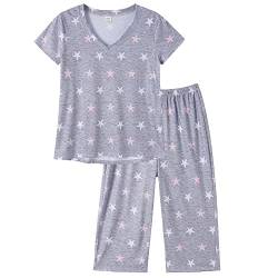 YIJIU Damen Kurzarm Tops und Caprihose Cute Cartoon Print Pyjama Sets, Grauer Stern, XL von YIJIU