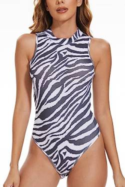 YIJIU Damen Mock Rollkragen Ärmellos Sexy Tank Tops Bodysuit Slim Fit Jumpsuit Leotard Kleidung, Zebra-Print, XL von YIJIU