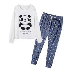 YIJIU Damen nachtwäsche, langärmliges Oberteil und Hose Pyjama Set Panda Print Nighty Small Blau von YIJIU