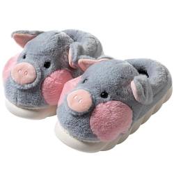 YILANLAN Winter süße Tier Schwein Plüsch Damen Hausschuhe Indoor warme rutschfeste All-Inclusive Frühlings- und Herbst-Plateaupantoffeln (37/38, Grey, numeric_37) von YILANLAN