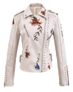 Damen Stickerei Nieten Kunstleder Jacke Moto Punk Jacke Blumen Mantel, Xhpy Beige, XX-Large von YILANUOYI