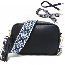 YILCER Crossbody Tasche für Damen, Kleine Leder Crossbody Tasche Damen Kamera Handtasche Pom Pom London Taschen Umhängetasche mit Wechselbarer Gitarre Breiter Gurt und Quaste (2 Schultergurte), von YILCER