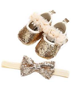 Baby Mädchen Pailletten Glitzer Schuhe Weiche Sohle Prewalker Mary Jane Prinzessin Partykleid Krippe Schuhe mit Bowknot Stirnband, gold, 6-12 Monate von YILEEGOO