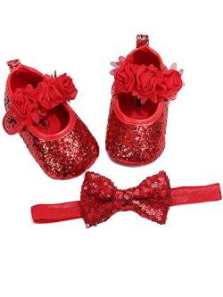 Baby Mädchen Pailletten Glitzer Schuhe Weiche Sohle Prewalker Mary Jane Prinzessin Partykleid Krippe Schuhe mit Bowknot Stirnband, rot, 6-12 Monate von YILEEGOO