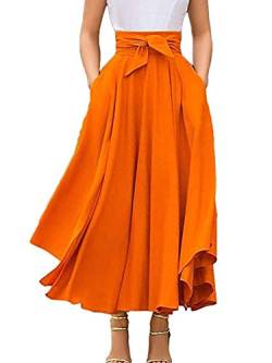 Damen Elastische Taille Midirock A-Linie Party Lang Swing Rock Casual Hohe Taille Faltenrock, Orange, 36 von YILEEGOO