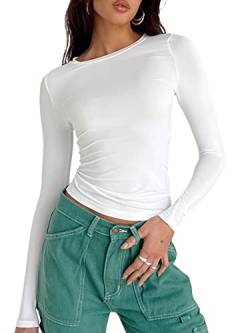 Damen Slim Fit Crop Tops Casual Einfarbig Rundhals Langarm Tight T-Shirt Basic Bluse Tee Tops, weiß, Small von YILEEGOO