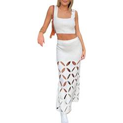 YILEEGOO 2-teiliges Sommer-Outfit für Damen, Tank-Tops und elastischer Ausschnitt, hohe Taille, Strickrock-Set für Urlaub, Strand, Streetwear, weiß, 42 von YILEEGOO