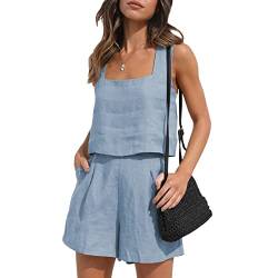 YILEEGOO Damen Casual Leinen 2 Stück Tacksuits Outfits Lounge passende Sets Zweiteilige Shorts mit Taschen Tank Crop Tops 2023 Trendy Kleidung Sommer Strandkleidung Set, hellblau, Small von YILEEGOO