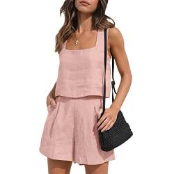 YILEEGOO Damen Casual Leinen 2 Stück Tacksuits Outfits Lounge passende Sets Zweiteilige Shorts mit Taschen Tank Crop Tops 2023 Trendy Kleidung Sommer Strandkleidung Set, rose, Small von YILEEGOO