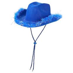 YILEEGOO Damen Halloween Cowgirl Hut Cowboy Hüte Flauschige Feder Krempe Cowboyhut für Junggesellinnenabschied, Kostümparty, Spielen Verkleiden (W4 Blau, Einheitsgröße) von YILEEGOO