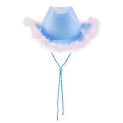 YILEEGOO Damen Halloween Cowgirl Hut Cowboy Hüte Flauschige Feder Krempe Cowboyhut für Junggesellinnenabschied, Kostümparty, Spielen Verkleiden (W4 Blau Weiß, Einheitsgröße) von YILEEGOO