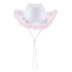 YILEEGOO Damen Halloween Cowgirl Hut Cowboy Hüte Flauschige Feder Krempe Cowboyhut für Junggesellinnenabschied, Kostümparty, Spielen Verkleiden (W4 Weiß Rosa, Einheitsgröße) von YILEEGOO