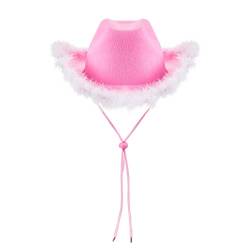 YILEEGOO Damen Halloween Cowgirl Hut Cowboyhüte Flauschige Feder Krempe Cowboyhut für Junggesellinnenabschied, Kostümparty, Play Dress Up (W4 Rosa, Einheitsgröße) von YILEEGOO