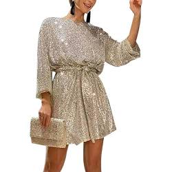 YILEEGOO Damen Paillettenkleid Glitzer Partykleid 3/4 Langarm Rundhals Kurzes Cocktailkleid mit Gürtel, goldfarben, Medium von YILEEGOO