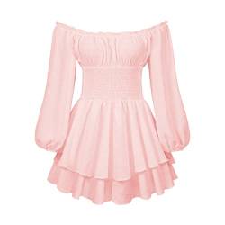 YILEEGOO Damen Puffärmel Kleid Schulterfrei Minikleid Quadratischer Ausschnitt Rüschen A Linie Flowy Swing Kurzes Kleid Gesmoktes Sommerkleid Süßes Französisches Kleid, B-Rosa, L von YILEEGOO