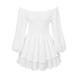 YILEEGOO Damen Puffärmel Kleid Schulterfrei Minikleid Quadratischer Ausschnitt Rüschen A Linie Flowy Swing Kurzes Kleid Gesmoktes Sommerkleid Süßes Französisches Kleid, B-weiß, Medium von YILEEGOO