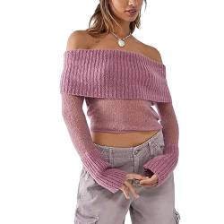 YILEEGOO Damen Schulterfrei Pullover Mode Langarm Durchsichtig Strick Crop Tops Streetwear, rosa / purpur, S von YILEEGOO