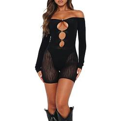 YILEEGOO Damen Sexy Mesh See Though Jumpsuit Rompers Low Cute Front Hollow Out Sheer Skinny Playsuit One Piece Outfit Party Clubwear, Kurzer Jumpsuit-Schwarz, 36 von YILEEGOO