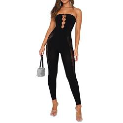 YILEEGOO Damen Sexy Mesh See Though Jumpsuit Rompers Low Cute Front Hollow Out Sheer Skinny Playsuit One Piece Outfit Party Clubwear, Schulterfreier Overall, schwarz, 36 von YILEEGOO