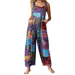 YILEEGOO Damen Sommer Casual Bunte Latzhose Vintage Floral Gedruckt Lose Baggy Ärmellos Overall Lange Jumpsuit Playsuit Hosen Strampler, W1-Blau, 38 von YILEEGOO