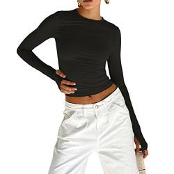 YILEEGOO Damen Y2K Rundhalsausschnitt Skinny Tops Shirt Langarm Basic Crop Tops Casual Tight Tee Shirts Mode Streetwear, W1 Schwarz, Small von YILEEGOO