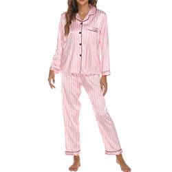 YILEEGOO Frauen 2pcs Satin Pyjama Set Langarm Knopf Hemd und Casual Lose Elastische Hose Nachtwäsche Set Loungewear Anzug, rosa streifen, 36 von YILEEGOO