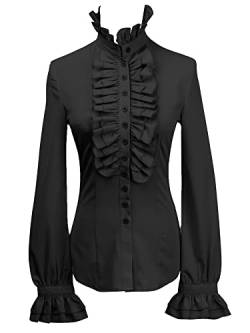 YILEEGOO Frauen Vintage viktorianischen Button Down Shirts Stehkragen Rüschen Gothic Blusen Retro ausgestellte Ärmel Tops, Schwarz , Large von YILEEGOO