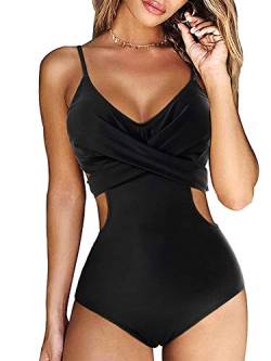 YILEEGOO Frauen Wrap Einteiler Push Up Hohe Taille Badeanzüge Ausschnitt Monokini Bademode, Schwarz , XL von YILEEGOO