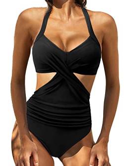 YILEEGOO Frauen Wrap Einteiler Push Up Hohe Taille Badeanzüge Ausschnitt Monokini Bademode, Schwarz #2, S von YILEEGOO