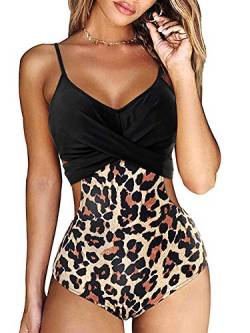 YILEEGOO Frauen Wrap Einteiler Push Up Hohe Taille Badeanzüge Ausschnitt Monokini Bademode, leopard, L von YILEEGOO