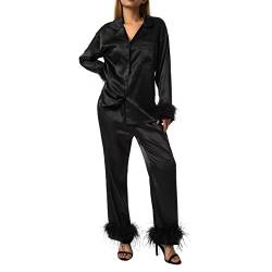 YILEEGOO Satin-Schlafanzug für Damen, langärmelig, Reverskragen, Knopfleiste, Nachtwäsche, Feder-Pyjama-Set, 05-schwarz, 36 von YILEEGOO