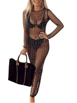 YILEEGOO Sexy Damen Sheer Mesh Perle Strass Cover Up Kleid Strand Bademode Bikini Badeanzug Cover Ups, Schwarz , XL von YILEEGOO