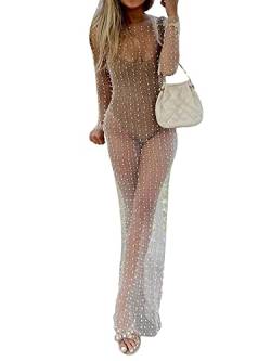 YILEEGOO Sexy Damen Sheer Mesh Perle Strass Cover Up Kleid Strand Bademode Bikini Badeanzug Cover Ups, weiß, XL von YILEEGOO