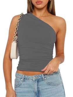 YILEEGOO Sexy ärmelloses Tanktop für Damen, schulterfrei, gerüscht, enganliegend, Y2K, trendiges Cami-Oberteil, Z1 Grau, M von YILEEGOO