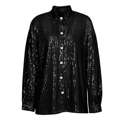 YILEEGOO Y2K Damen Glitzer Outfits Anzug Langarm Button Down Pailletten Shirt Top Glitzernde Freizeithose Bling BH Party Clubwear Kleidung Set, Schwarzes Paillettenhemd, M von YILEEGOO