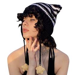 YILEEGOO Y2K Going Out Cat Ear Beanies for Women, Warm Cat Ear Hat Grunge Goth Crochet Beanies for Outdoor Activities, schwarz / weiß, Einheitsgröße von YILEEGOO