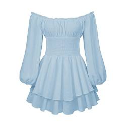 Yileegoo kurzärmeliges Minikleid für Damen, Schwingkleid mit Puffärmeln und quadratischem Ausschnitt, unregelmäßig gerafftes Kleid, Netzstoff, für Hochzeiten, Abendgarderobe, D-Blau, Medium von YILEEGOO