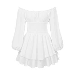 Yileegoo kurzärmeliges Minikleid für Damen, Schwingkleid mit Puffärmeln und quadratischem Ausschnitt, unregelmäßig gerafftes Kleid, Netzstoff, für Hochzeiten, Abendgarderobe, D-weiß, X-Large von YILEEGOO