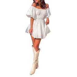 Yileegoo kurzärmeliges Minikleid für Damen, Schwingkleid mit Puffärmeln und quadratischem Ausschnitt, unregelmäßig gerafftes Kleid, Netzstoff, für Hochzeiten, Abendgarderobe, H-weiß, Small von YILEEGOO